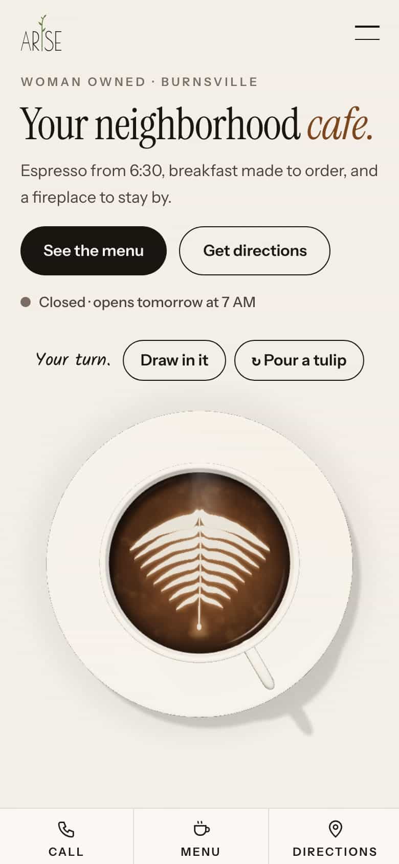 arisenicolettecoffee.com on a phone: “Your neighborhood cafe.” with See the menu and Get directions buttons, Draw in it and Pour a tulip buttons, a cup with a rosetta from above and a Call, Menu and Directions bar.